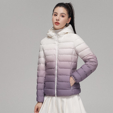 Hooded Down Coat Women Luxury Lightweight Slim Fit Gradient Pattern Elegant Winter Outerwear