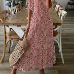 Women's Pattern Print Long Dress V Neck Tassel Pleated Party Dress 3/4 Sleeve