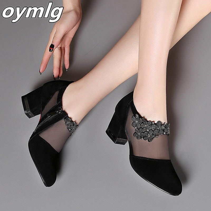 Women's Med Heel Shoes Mesh Breathable Pointed Toe Thick Heels with Zipper