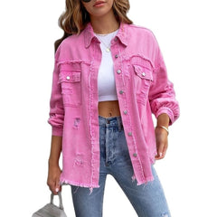 Women's Oversized Casual Distressed Denim Jacket Raw-Edges Spring Autumn Jean Denim Jacket