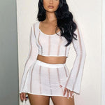 Knitted Crop Top w/ Flare Sleeves And Matching Mini Skirt - 2 Piece Set