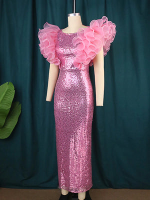 Pink Sequin Dress Puff Ruffle Sleeve Bodycon Sparkly Evening Dress
