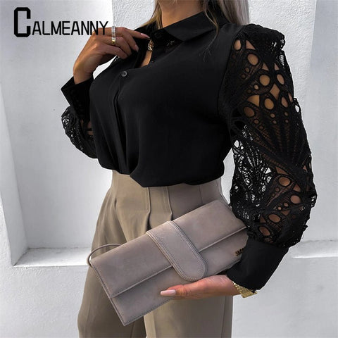 Lace Patchwork Blouse Women Elegant Vintage Office White Black All Season Casual Fashion Top