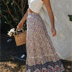 High Waist Boho Long Skirts for Women A-line Full Skirt Floral Print Drawstring Lace-Up Maxi Skirt