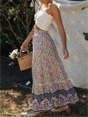 High Waist Boho Long Skirts for Women A-line Full Skirt Floral Print Drawstring Lace-Up Maxi Skirt