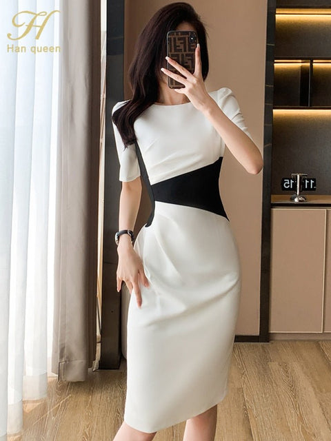 Color Blocked Bodycon Midi Dress Women O-Neck Chic Sheath Pencil Casual Fashion Dress