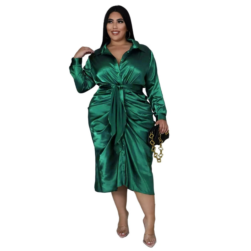 Plus Size Satin Ruched Button Down Midi Dress Women Elegant Casual Par Plus Size Satin Ruched Button Down Midi Dress Women Elegant Casual Par