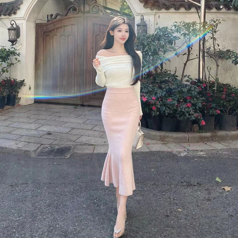 Women's Elegant White Long Sleeve  Top + Pink High Waist Slim Skirt Set
