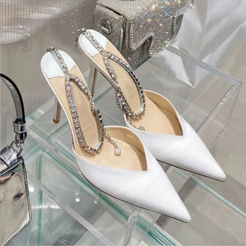 Women's High Heel Pumps Rhinestone Chain Ankle Strap Shoes