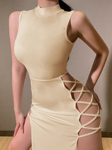 Black/White/Apricot Sleeveless High Slit Crisscross Cut Out Side Sexy Dress for Women