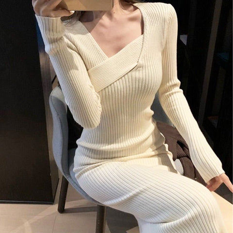 Long Sleeve Knit Sweater Dress Women Elegant Slim Vintage One-Size Party Casual Fashion Dress