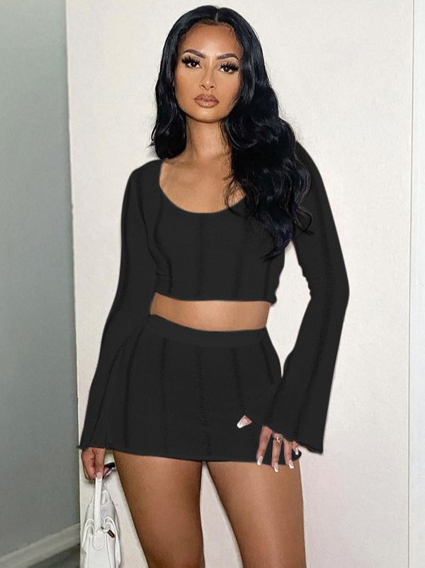 Knitted Crop Top w/ Flare Sleeves And Matching Mini Skirt - 2 Piece Set