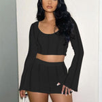 Knitted Crop Top w/ Flare Sleeves And Matching Mini Skirt - 2 Piece Set