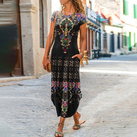 Plus Size Floral Print Boho Maxi Dress Women Short Sleeve Round Neck Pockets S-3XL Summer