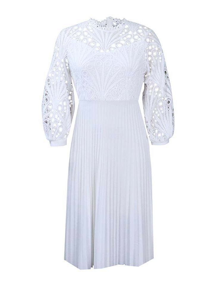 Women's Plus Size Chic Lace Cutout Puff Sleeves Midi Dress