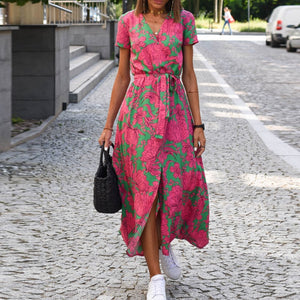 Summer Floral Print Long Dresses for Women V-Neck Split Lace-up Short Sleeve Midi Dress