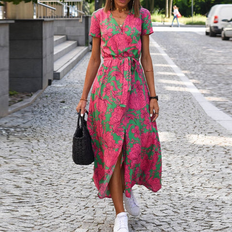 Floral Print Midi Dress Women V-Neck Split Lace-Up Short Sleeve Casual Beach Vacation Summer