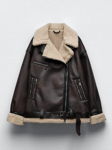 Faux Lamb Fur Jacket Women Thick Warm Mid-Length Belt Winter Casual Outerwear Fashion