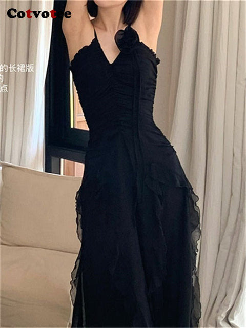 Hollow Out Midi Dress Women Black Sleeveless Elegant Evening Party Casual Fashion Dress