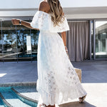 Women's Bohemian Off Shoulder Dress Lace Ruffle Short Sleeve Long White Dress