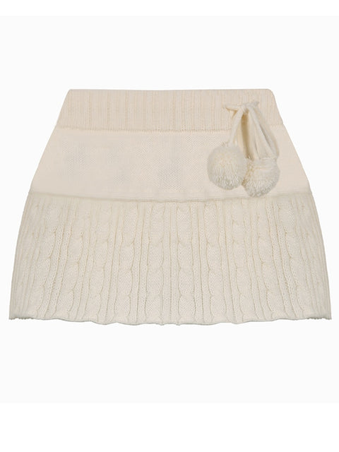 Y2K Knitted Puff Ball Mini Skirt Women Cream Vintage Drawstring Retro Aesthetic Casual Fashion