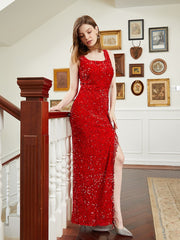 Red Homecoming Quinceaneras Dress Glitter High Split Prom Evening Gown