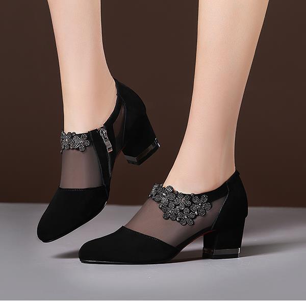 Women's Med Heel Shoes Mesh Breathable Pointed Toe Thick Heels with Zipper
