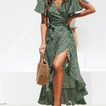 Summer Boho Maxi Dress Long Floral Print Chiffon Ruffled Hem Dress