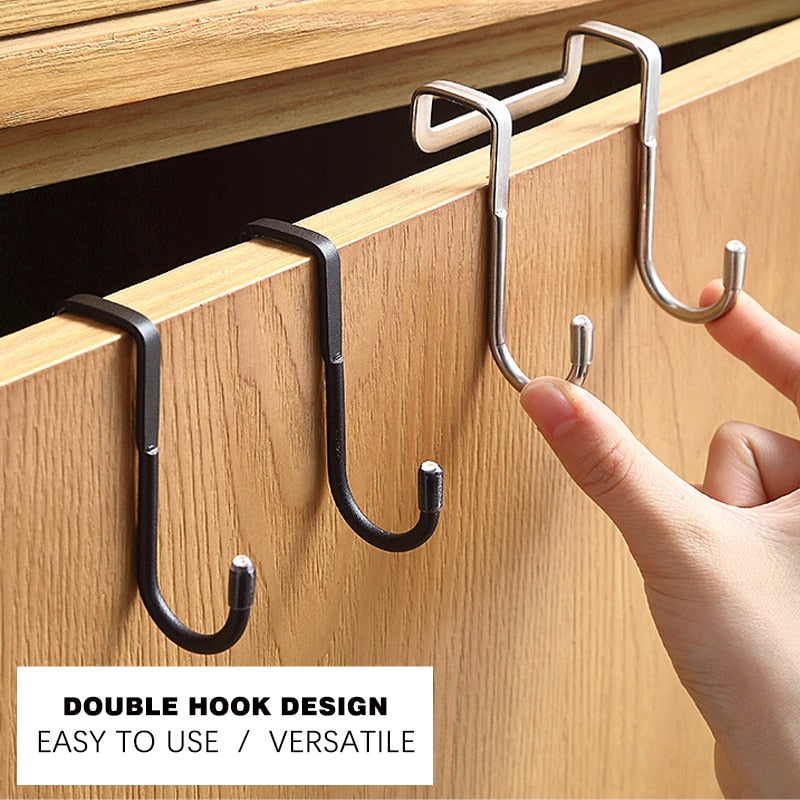 2-Hook Towel Rack Stainless Steel Hooks Double S-Shape Hook Kitchen Bathroom Cabinet Door