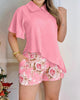 Two Piece Sets, Women's Summer Pink Short Sleeve Button Shirt with Matching Floral Print Shorts