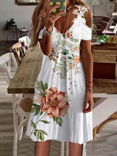 Off Shoulder Floral Print Lace Dress Women Short Sleeve Casual Beach Vacation Summer Fashion