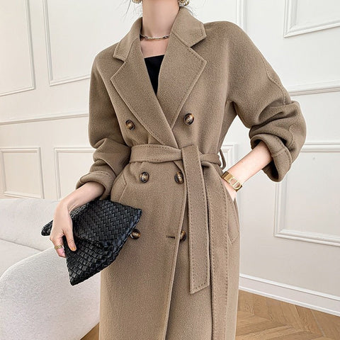 Cashmere Double-Sided Wool Long Coat Women Thick Belt Elegant Warm Winter Outerwear Fashion