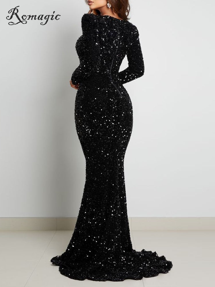 Luxury Black Long Sleeve Evening Gown