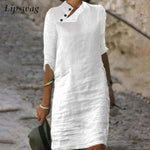 Cotton Linen A-line Dress Skew Button Vintage Women's Casual Loose Mid Sleeve Short Dress