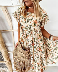 Women's Summer Dresses Floral Print Bohemian Short Sleeve Dress with Ruffles Plus Sizes S-3XL