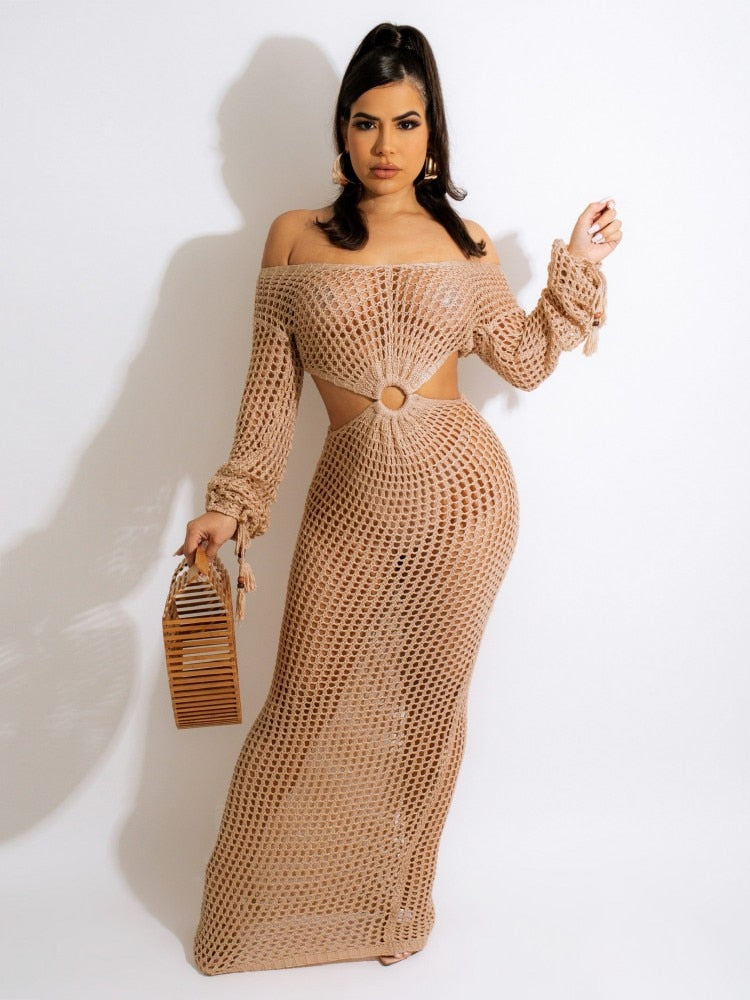 Sexy Knitted V-Neck Sleeves Crochet Dress  Hollow Out Crocheted Beach Cover Ups