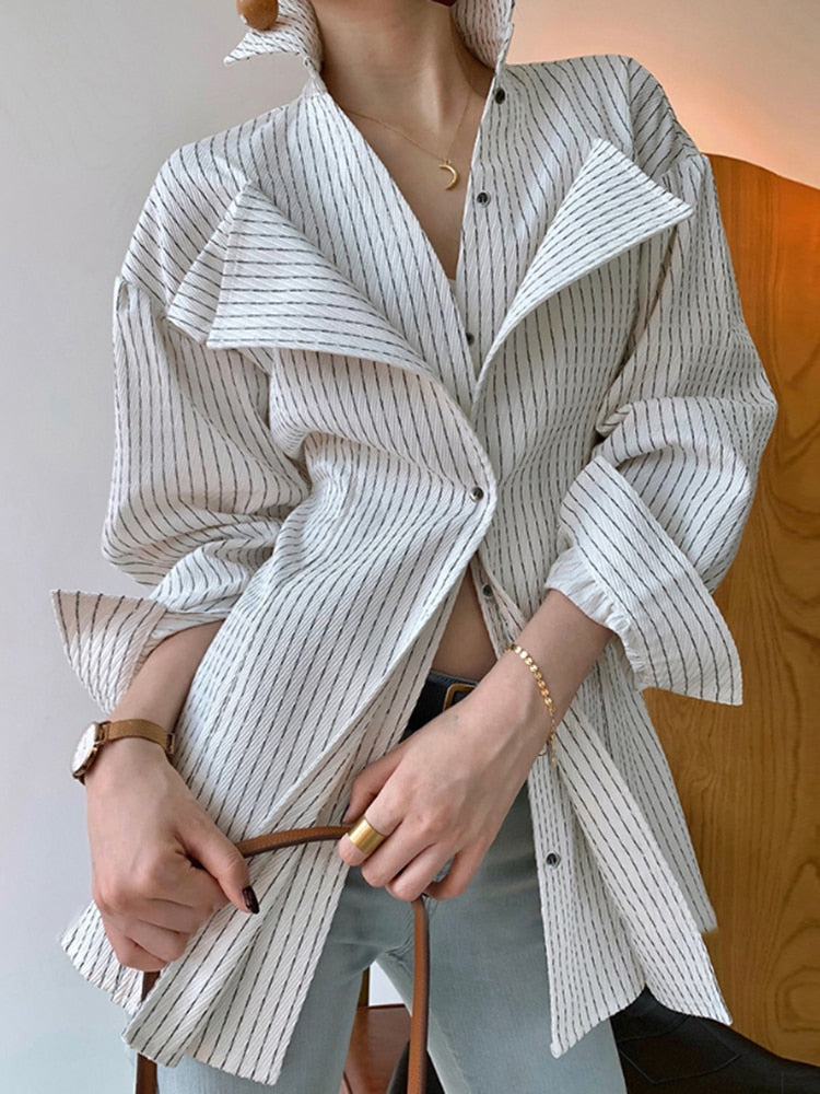 Women's Long Sleeve Korean Patchwork Ruffle Shirt
