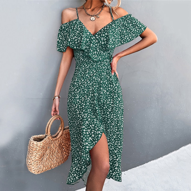 Ladies Off Shoulder Spring Summer Dress Fashionable Straps Ruffles Floral Print Dress