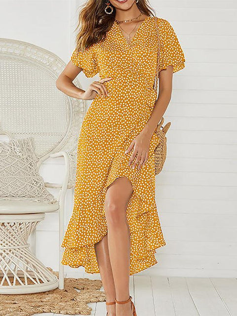 Floral Print Chiffon Boho Maxi Dress Women Long Ruffle Hem Casual Beach Vacation Summer Fashion