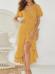 Summer Boho Maxi Dress Long Floral Print Chiffon Ruffled Hem Dress