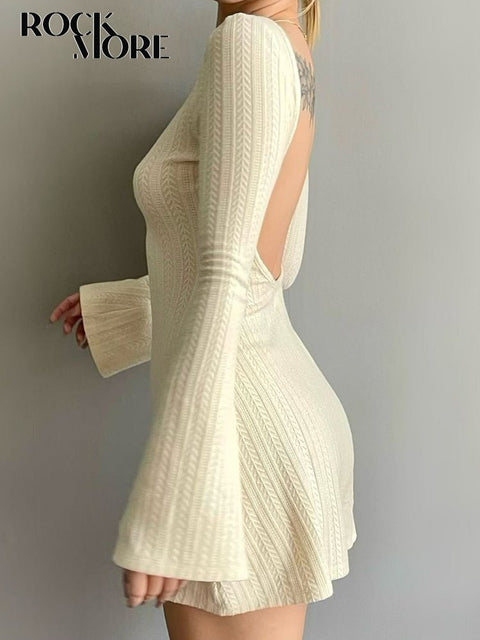 Long Sleeve Backless Knit Mini Dress Women Elegant Casual Party Club Fashion Dress