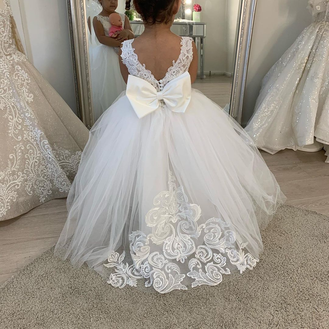 Flower Girl Dress Kids 3-14 Years Lace Tulle Bow First Communion Wedding Elegant Gift