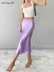 Women's  Purple Satin Silk Skirt High Waist Sexy Long Elegant Office Skirt