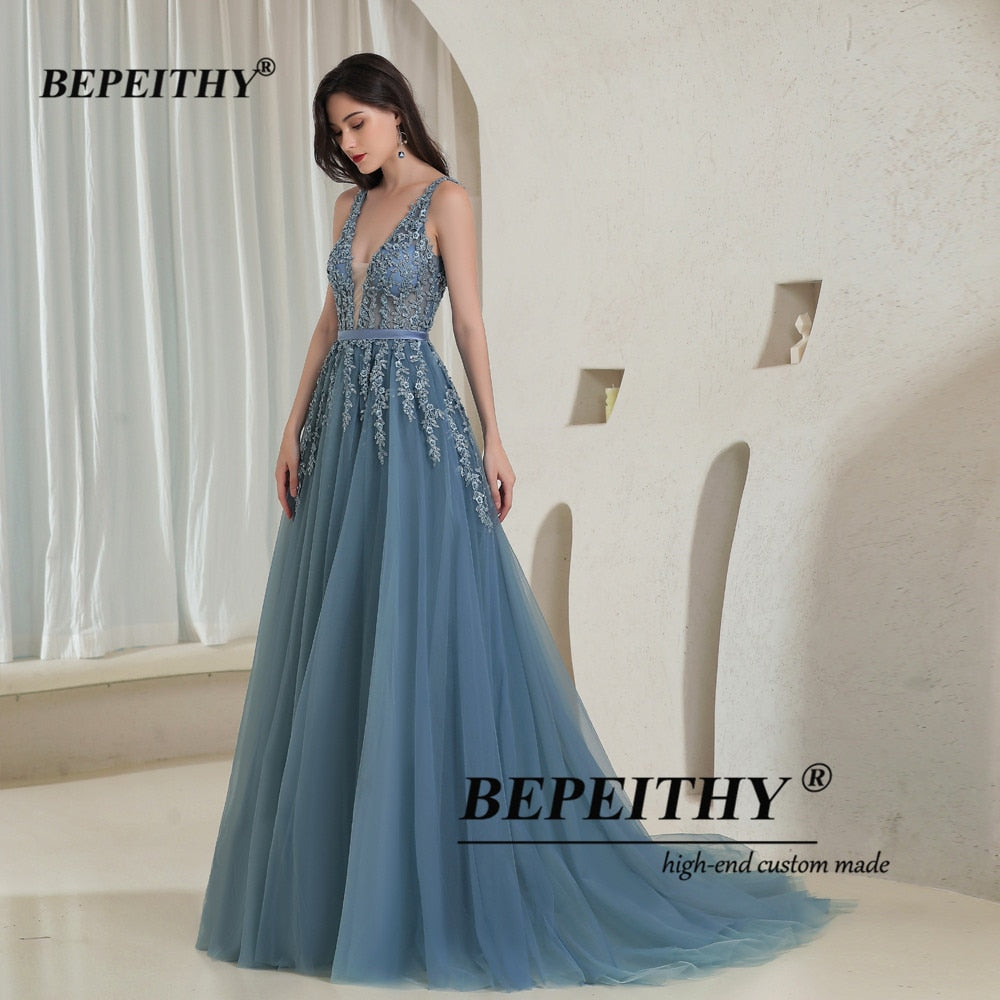 Elegant V Neck Gray Blue Prom Evening Dress Backless Sleeveless Long Gown