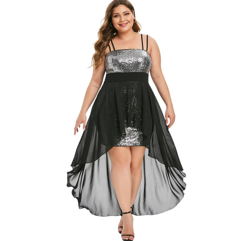 Plus Size Sequin Asymmetric Hem Evening Dress Women Elegant Party Prom Wedding Fashion