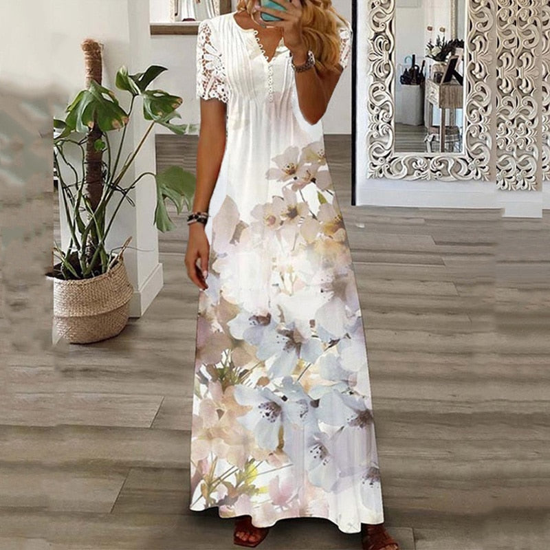 Women's Summer Short Sleeve V Neck Dress Casual Floral Print Loose Lace Patchwork Beach Dress