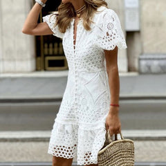 White Lace V Neck Short Sleeve Dress 
