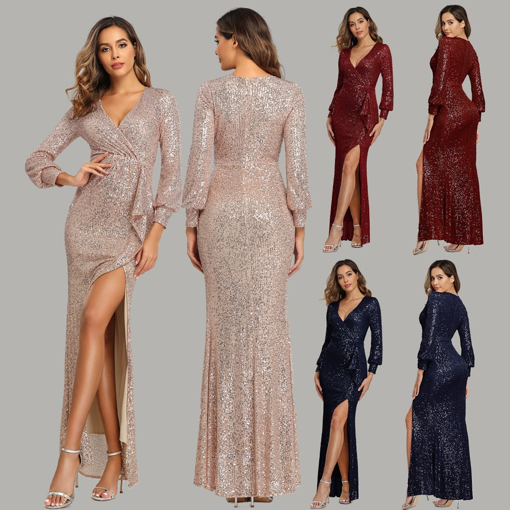 Front-Slit Ruched Prom Dress Sequin Long Sleeve Evening Gown