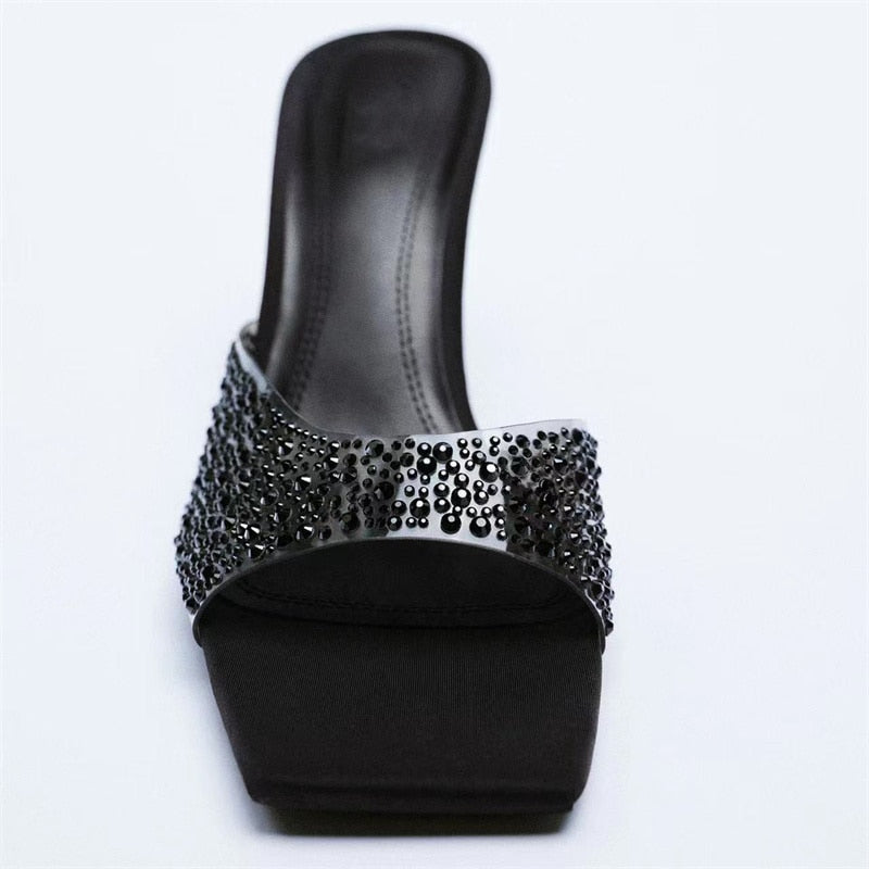 Woman's Rhinestone Square Toes High Sandals Bling Heels Shoes