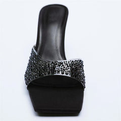 Woman's Rhinestone Square Toes High Sandals Bling Heels Shoes